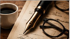 Füllfederhalter, Kaffee und Brille