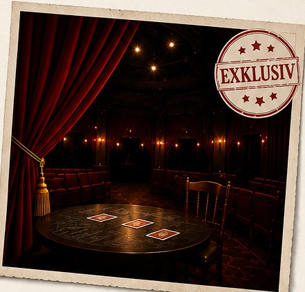 Elegantes Zaubertheater mit rotem Vorhang und Kartentisch